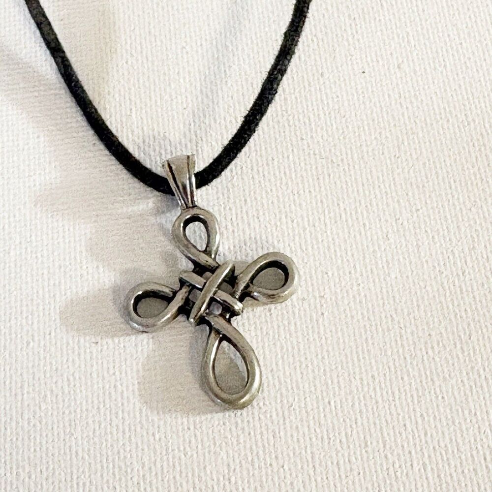 Celtic Well Being Bowen Knot Cross Pendant Leather Cord Necklace 21”